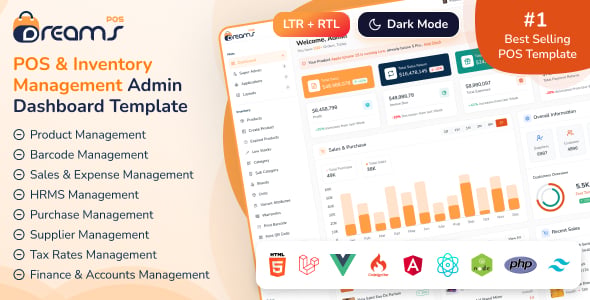 DreamsPOS - POS & Inventory Management Admin Dashboard (HTML, Angular 19, React 19, Vue, Laravel 12)
